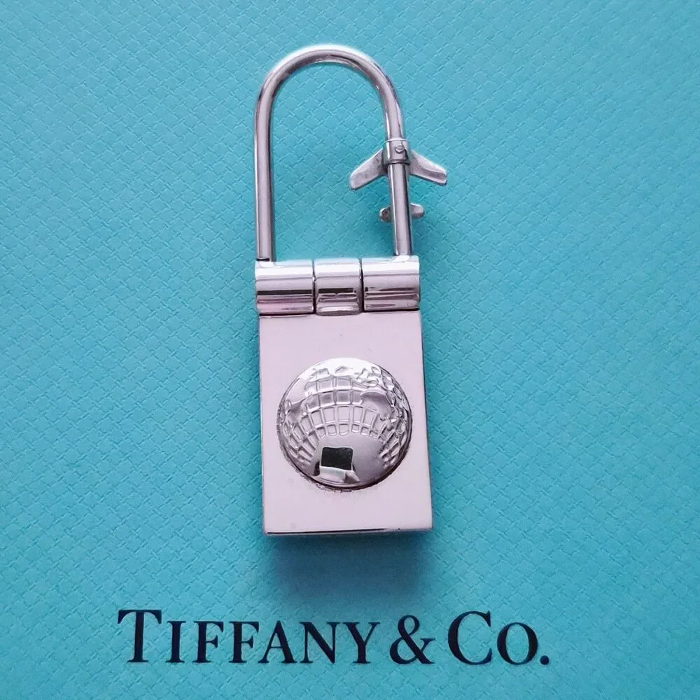 RARE Tiffany & Co. Sterling Silver Globe & Airplane Travel Lock Key Ring